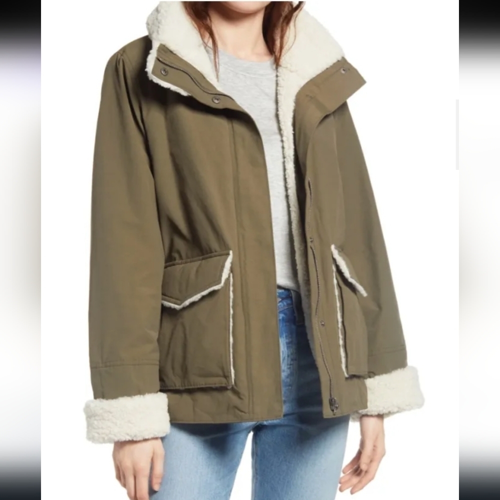 Thread & Supply, Caledonia Faux Shearling Blend Barn Jacket, Army Green, Size SM